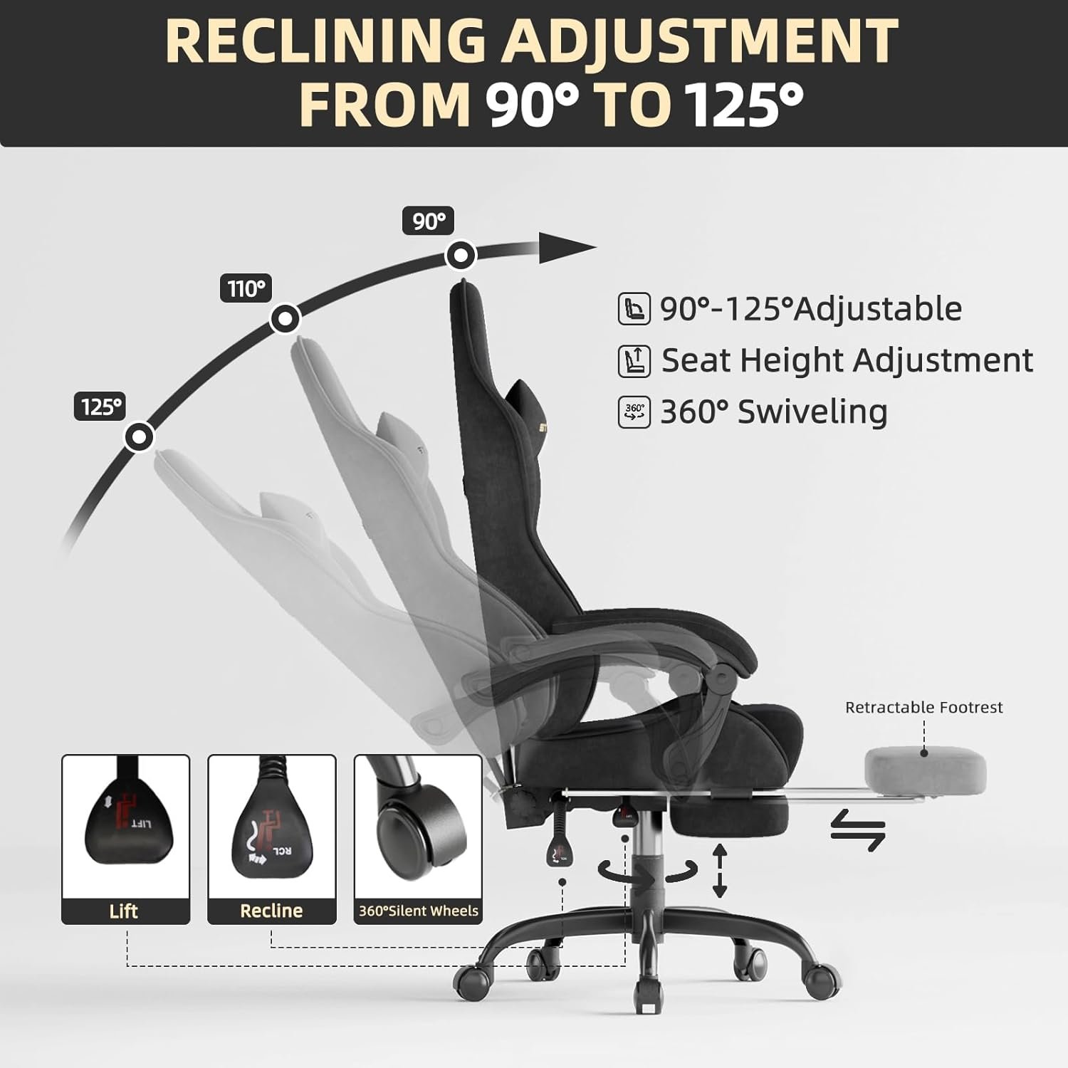 Ferghana Velvet Fabric Gaming Chair, High Back Ergonomic Gamer Chair for Adult, Comfortable Video Game Chair with Footrest and Massage Lumbar Cushion, Racing Reclining Office Computer Desk Chair Black