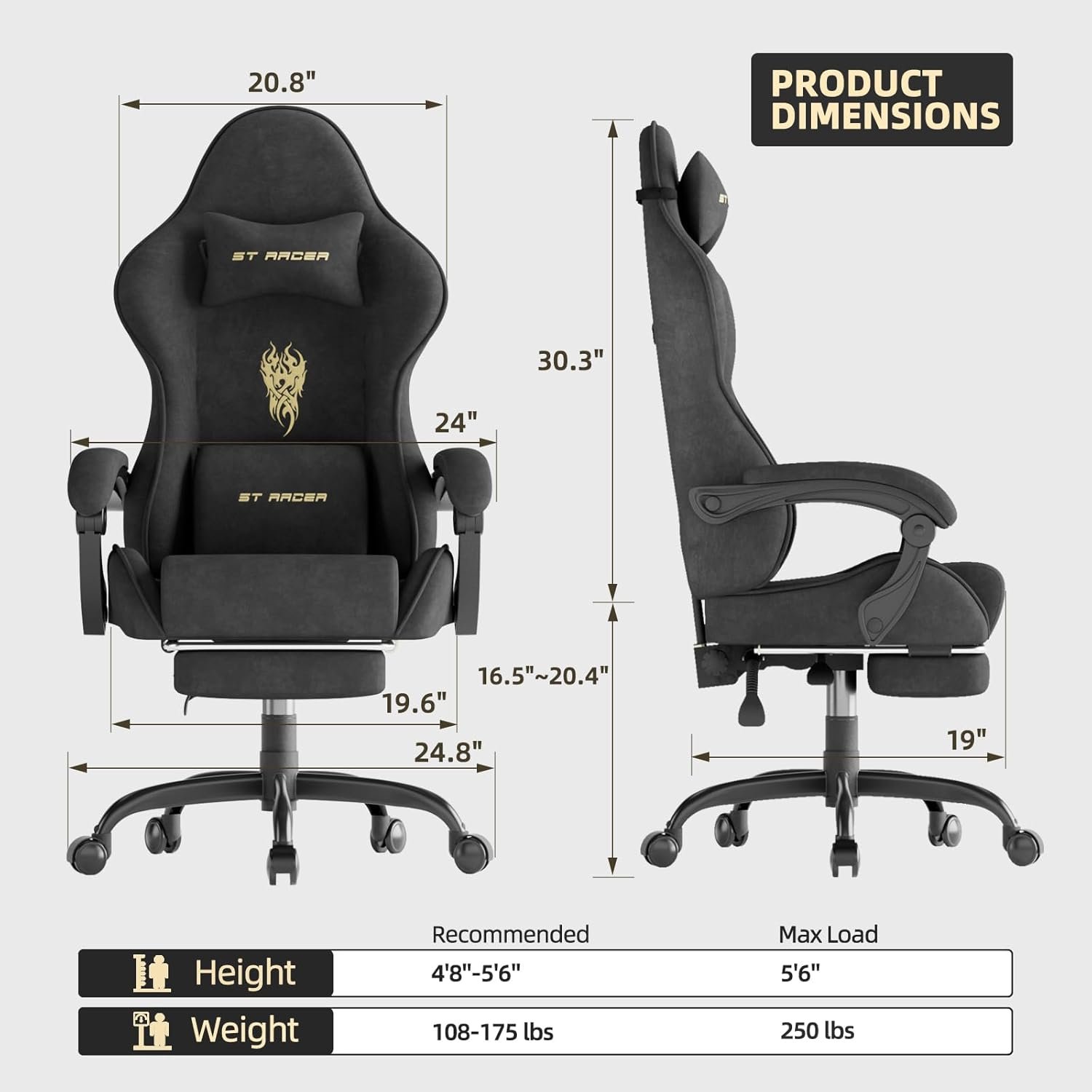 Ferghana Velvet Fabric Gaming Chair, High Back Ergonomic Gamer Chair for Adult, Comfortable Video Game Chair with Footrest and Massage Lumbar Cushion, Racing Reclining Office Computer Desk Chair Black