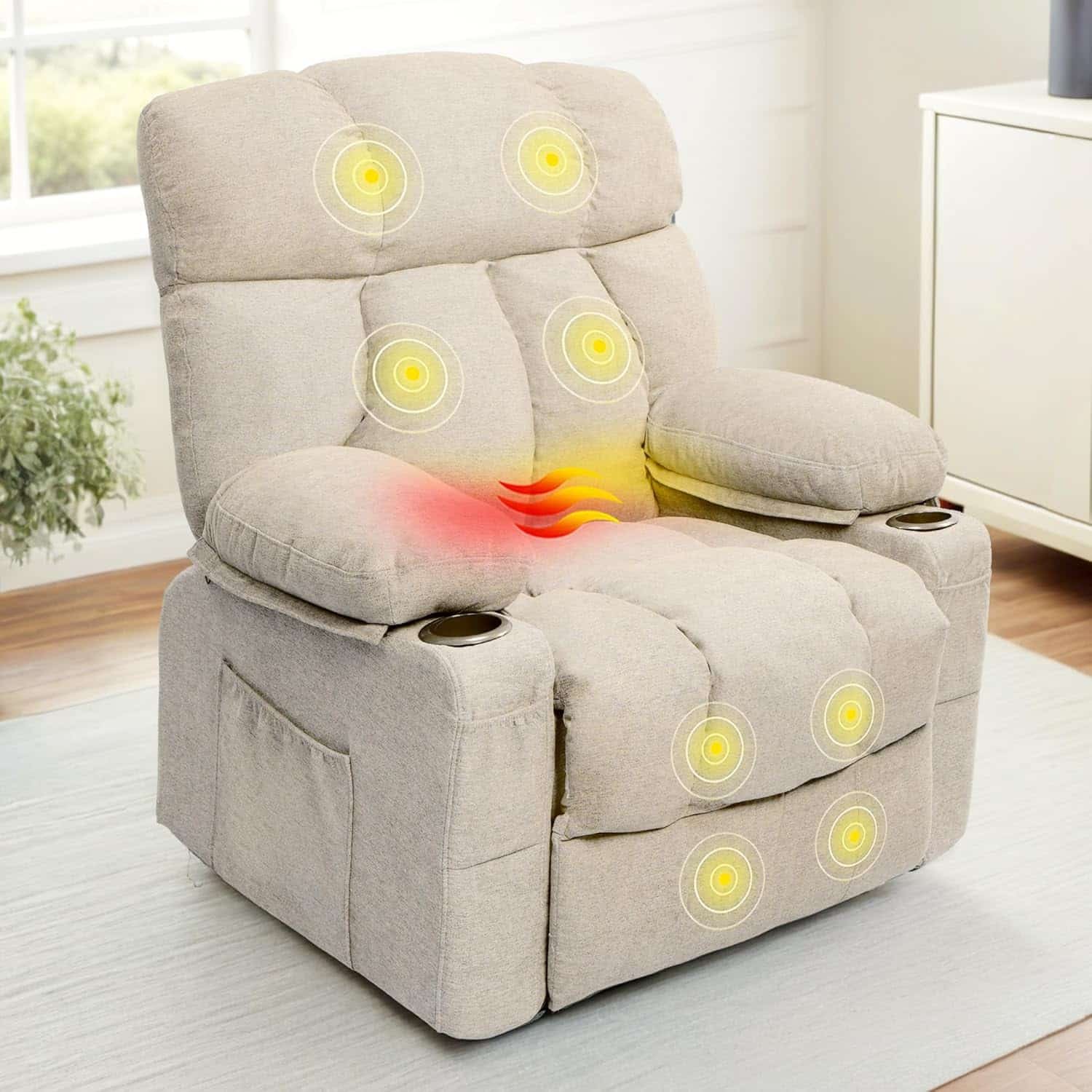 FLEXISPOT 360° Swivel Rocker Recliner, Oversized Massage Rocker Recliner Chair with Heating, Cup Holders, USB Charging Port, Swivel Glider Sofa for Living Room Nursery, Beige (XRC3)