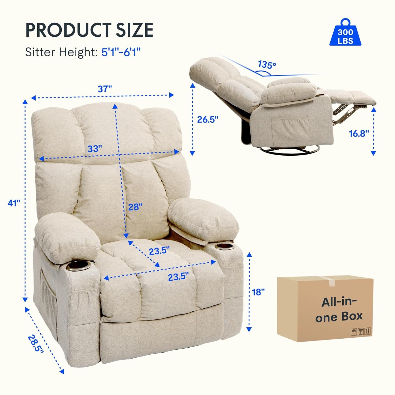 FLEXISPOT 360° Swivel Rocker Recliner, Oversized Massage Rocker Recliner Chair with Heating, Cup Holders, USB Charging Port, Swivel Glider Sofa for Living Room Nursery, Beige (XRC3)