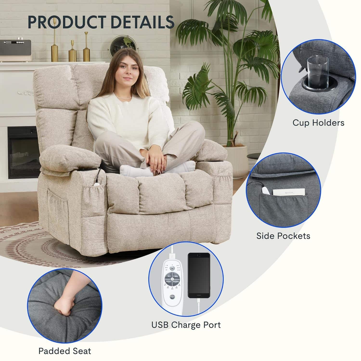 FLEXISPOT 360° Swivel Rocker Recliner, Oversized Massage Rocker Recliner Chair with Heating, Cup Holders, USB Charging Port, Swivel Glider Sofa for Living Room Nursery, Beige (XRC3)