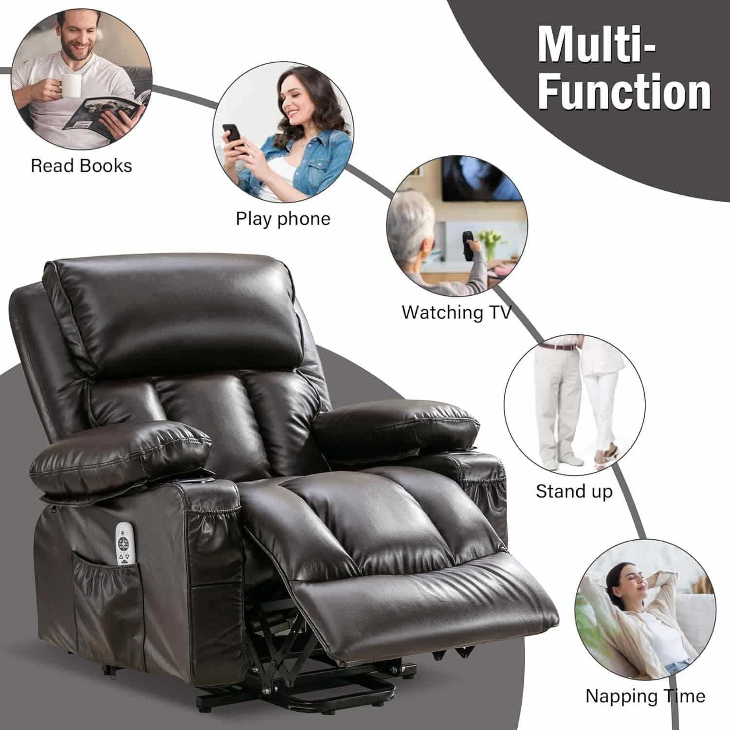 FLEXISPOT XL23 Power Lift Recliner Chair with Massage  Heat for Elderly - Large Electric Lift Chair with USB Port, Cup Holders, Side Pockets - Living Room Bedroom Single Sofa(Large Size,Brown)