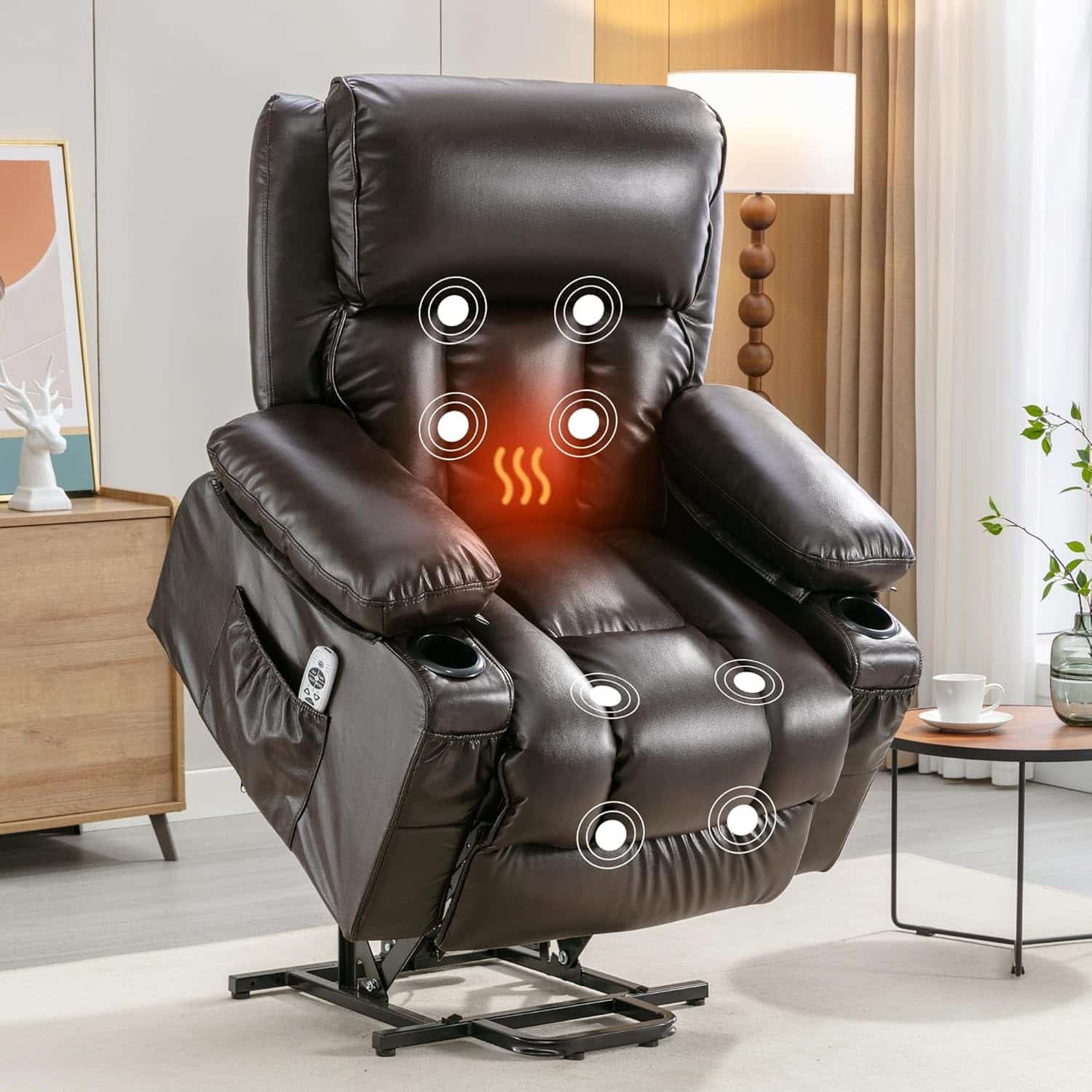 FLEXISPOT XL23 Power Lift Recliner Chair with Massage  Heat for Elderly - Large Electric Lift Chair with USB Port, Cup Holders, Side Pockets - Living Room Bedroom Single Sofa(Large Size,Brown)