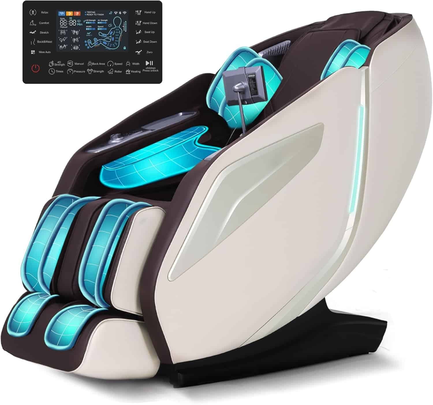 Full Body Zero Gravity Massage Chair with Body Scan 4D Intelligent Shiatsu Strecth Massage, Back/Leg Heated with AI Voice Control Bluetooth Speaker Airbags SL Track Massage Coffee Beige