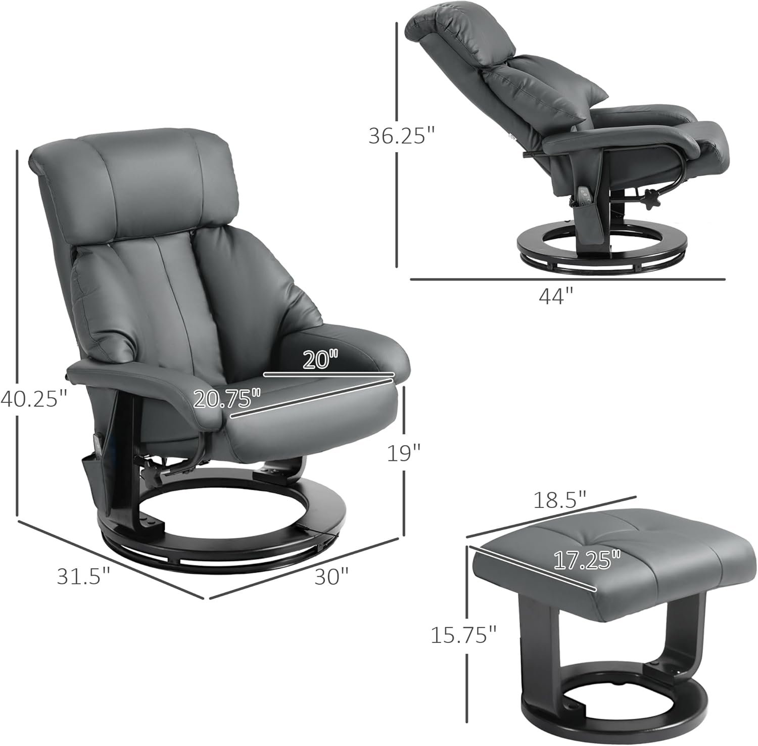HOMCOM Massage Recliner Chair with Ottoman, 360° Swivel Recliner and Footstool, 10 Point Vibration, PU Leather Reclining Chair with Side Pocket and Remote Control, Gray