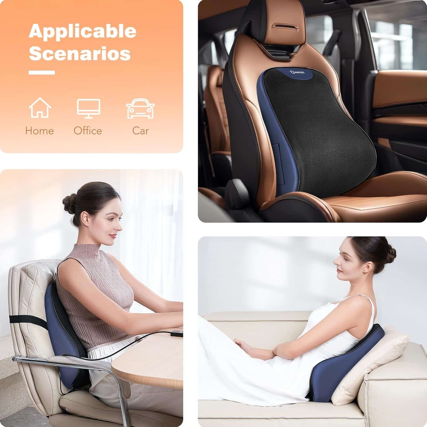 Lumbar Support Pillow for Office Chair, Heated Back Support Pillow with Vibration, Back Massage for Pain Relief, at Home Office Car Sofa, 3 Heating Levels  4 Motors  3 Intensities, Gifts