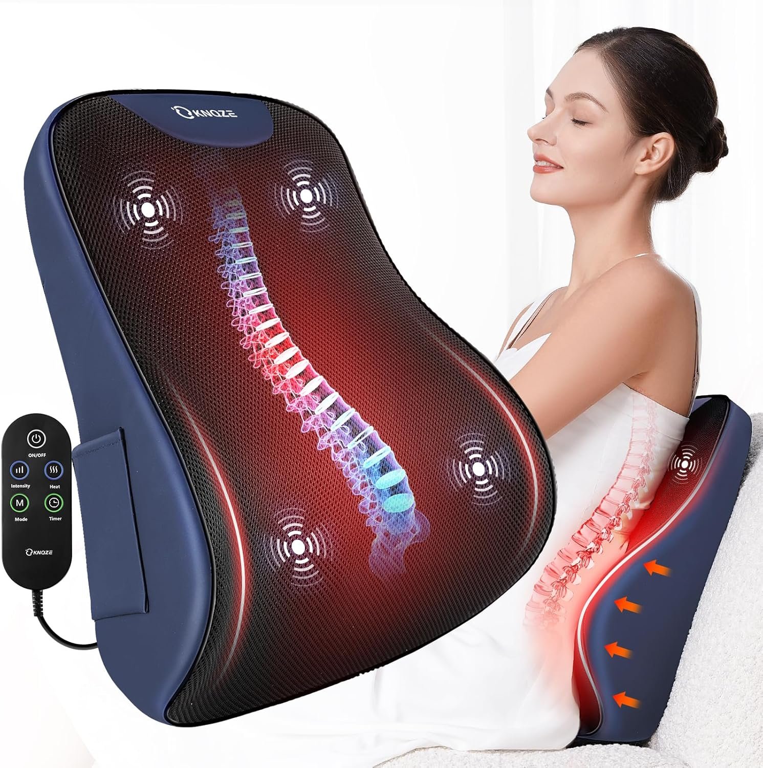 Lumbar Support Pillow for Office Chair, Heated Back Support Pillow with Vibration, Back Massage for Pain Relief, at Home Office Car Sofa, 3 Heating Levels  4 Motors  3 Intensities, Gifts