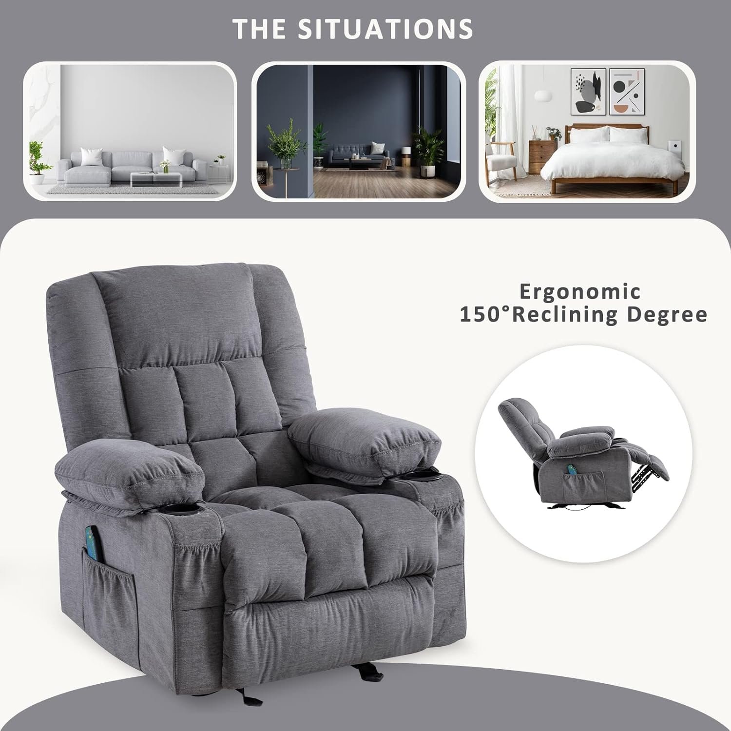 Massage Rocker Recliner Chair with Vibration Massage and Heat Ergonomic Lounge Chair for Living Room with Rocking Function and Side Pocket, 2 Cup Holders, USB Charge Port, Regular, Grey Massage Rocker Recliner Chair with Vibration Massage and Heat Ergonomic Lounge Chair for Living Room with Rocking Function and Side Pocket, 2 Cup Holders, USB Charge Port, Regular, Grey