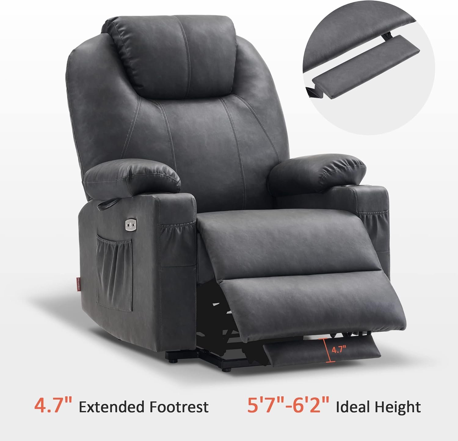MCombo Electric Power Lift Recliner Chair Sofa with Massage and Heat for Elderly, 3 Positions, 2 Side Pockets, and Cup Holders, USB Ports, Faux Leather 7040 (Grey, Medium)