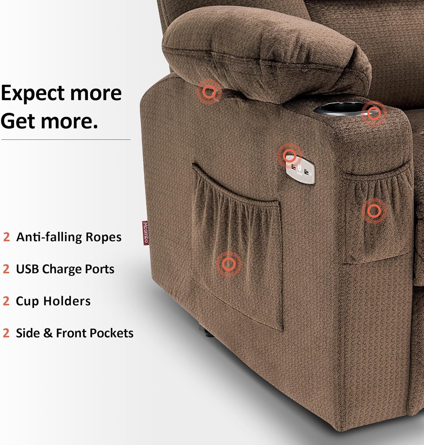 MCombo Small Power Lift Recliner Chair with Massage and Heat for Petite People, Cup Holders, USB Ports, Side Pockets, Fabric 7569 (Small-Regular, Brown)