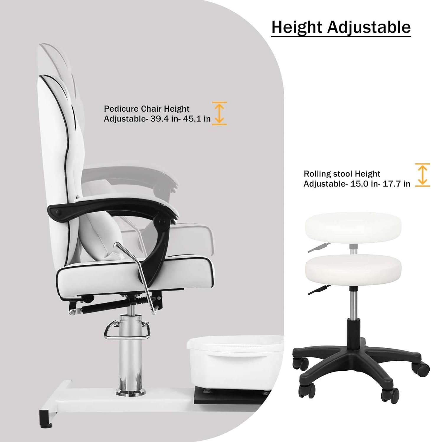 Pedicure Chair with Bubble Massage Foot Bath, Hydraulic Lift Pedicure Chairs No Plumbing, 360 Swivel Pedicure Chair, Height Adjustable Reclining Pedicure Station Unit White
