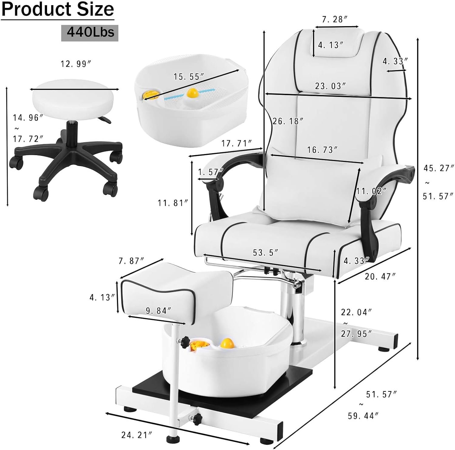 Pedicure Chair with Bubble Massage Foot Bath, Hydraulic Lift Pedicure Chairs No Plumbing, 360 Swivel Pedicure Chair, Height Adjustable Reclining Pedicure Station Unit White