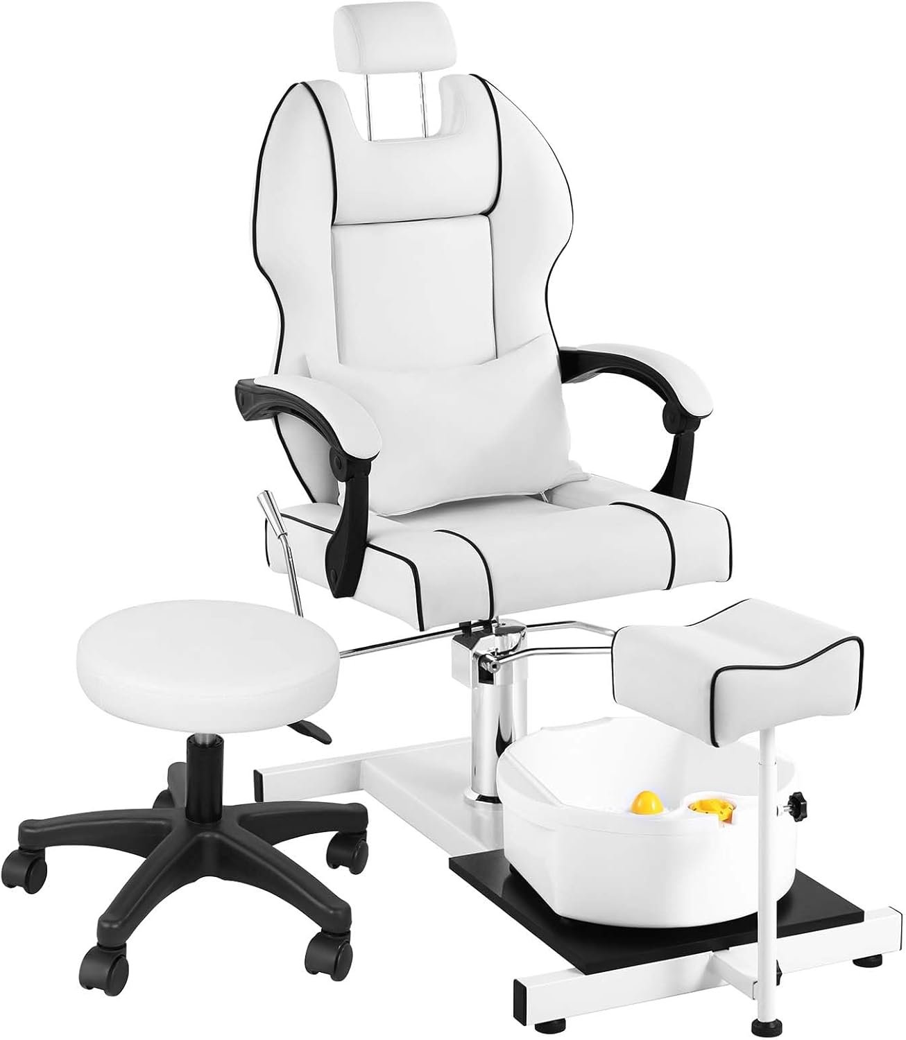 Pedicure Chair with Bubble Massage Foot Bath, Hydraulic Lift Pedicure Chairs No Plumbing, 360 Swivel Pedicure Chair, Height Adjustable Reclining Pedicure Station Unit White