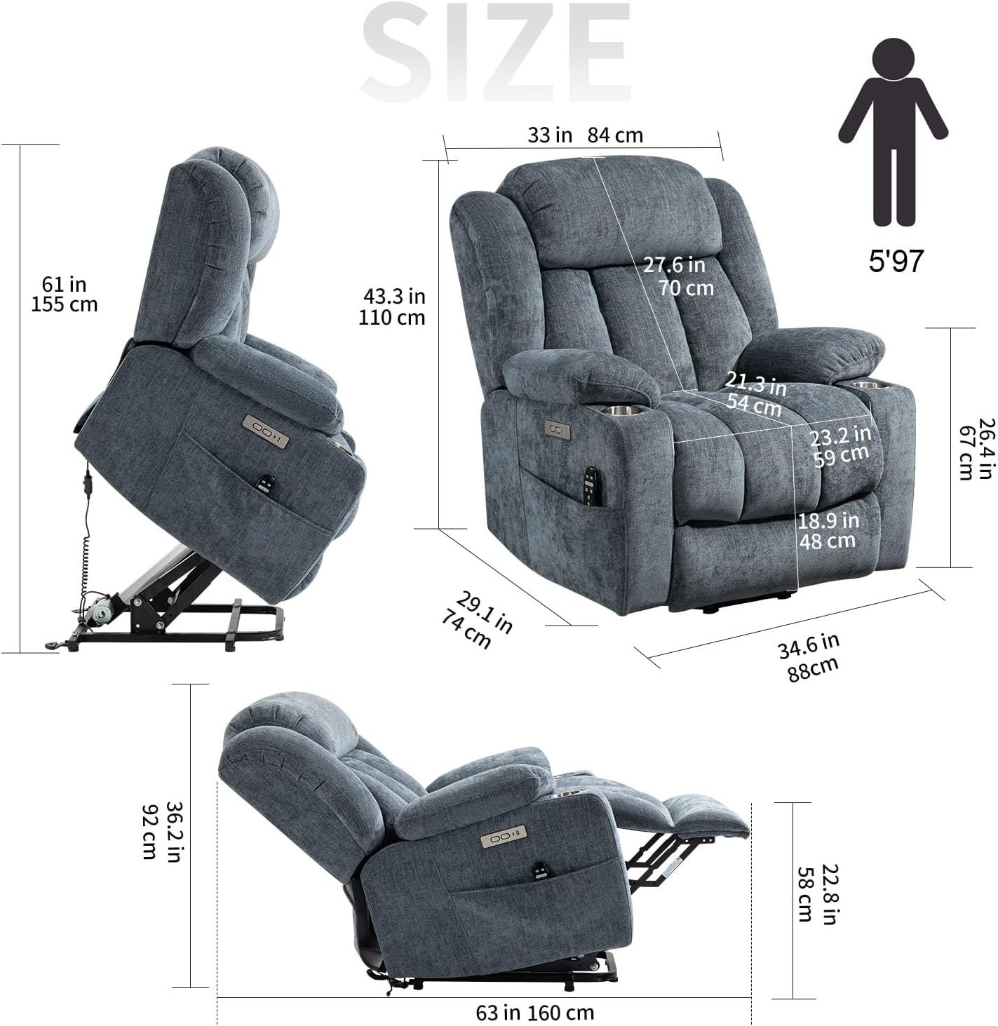 Power Lift Chair with Full-Body Massage and Heat, Electric Recliner Chairs for Adults, Remote Control, Standing Assistance, USB Ports, Stainless Steel Cup Holders, Chenille Brown