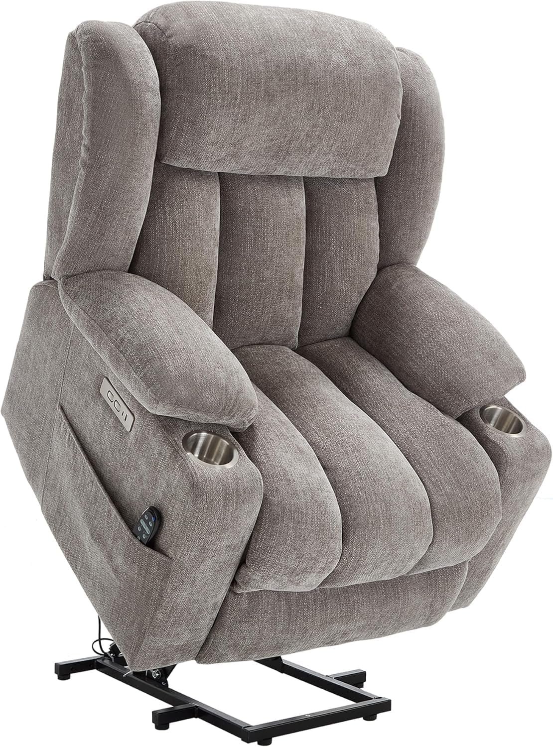 Power Lift Chair with Full-Body Massage and Heat, Electric Recliner Chairs for Adults, Remote Control, Standing Assistance, USB Ports, Stainless Steel Cup Holders, Chenille Brown