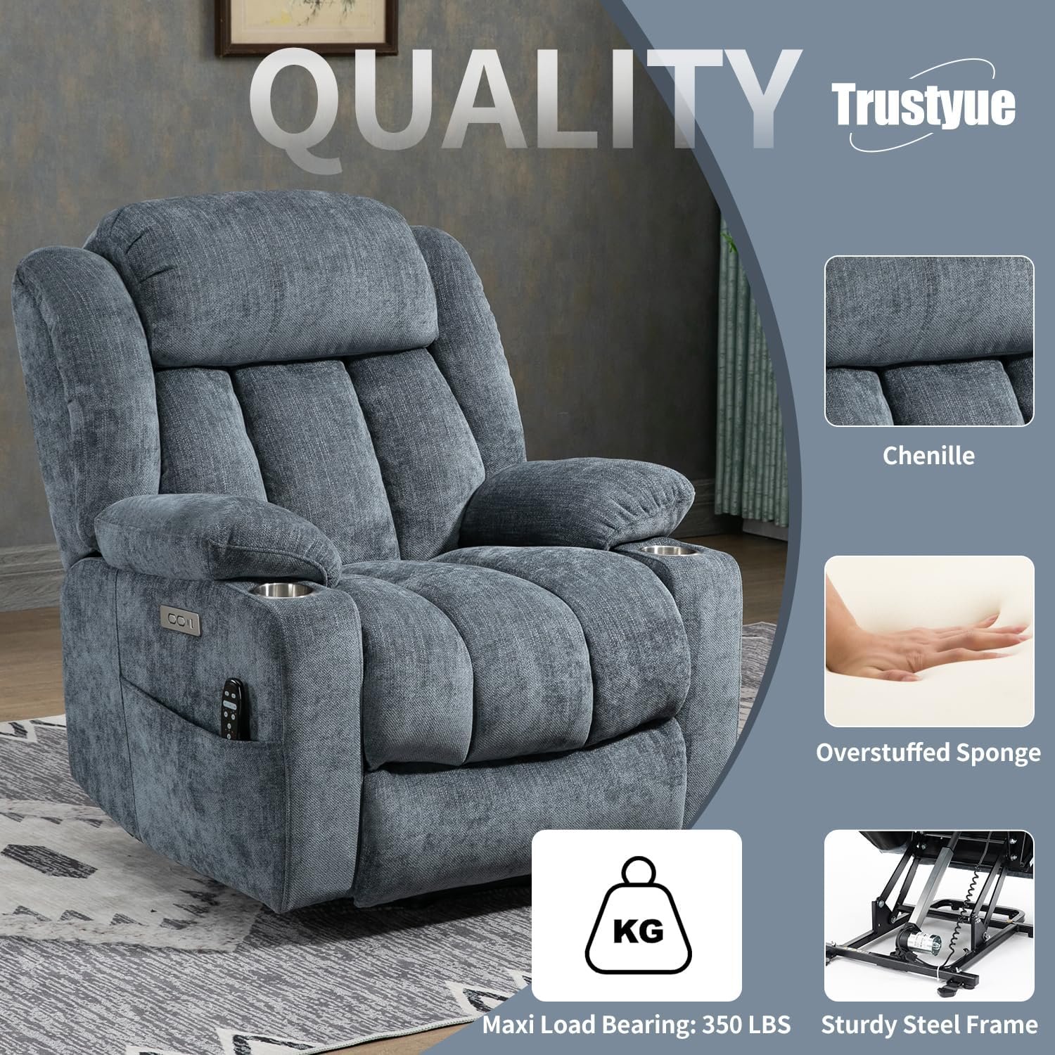 Power Lift Chair with Full-Body Massage and Heat, Electric Recliner Chairs for Adults, Remote Control, Standing Assistance, USB Ports, Stainless Steel Cup Holders, Chenille Brown