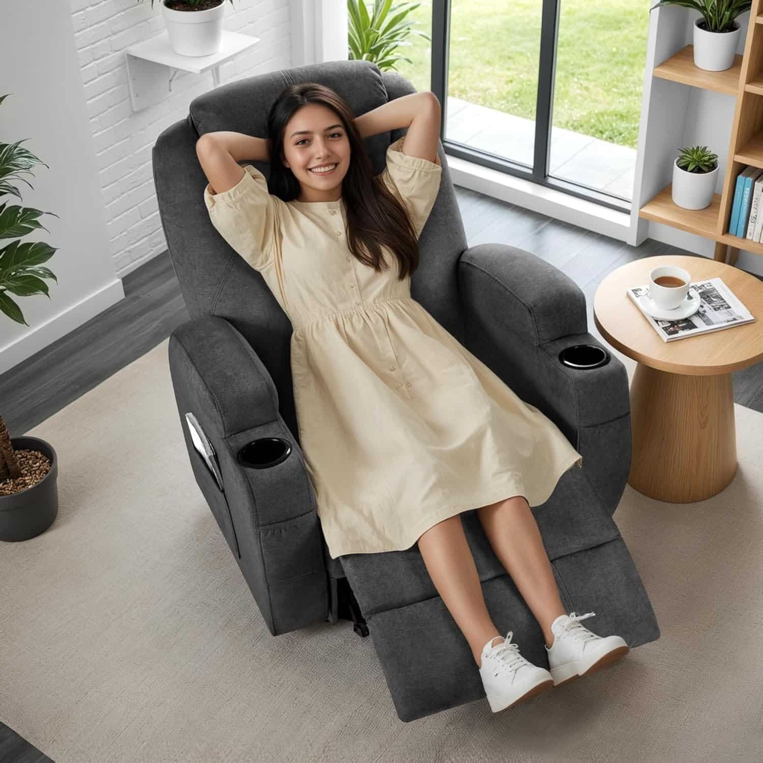 Recliner Chair,360° Swivel Rocker Chair for Adults, Rocking Recliner Chair with Massage, Comfy Single Sofa with Side Pockets Cup Holders for Living Room, Bedroom, Nursery (Fabric, Gray)