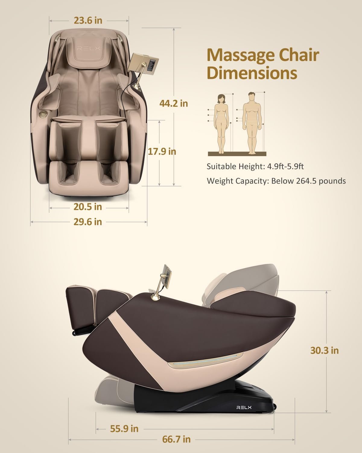 RELX Massage Chair Full Body Zero Gravity SL-Track Shiatsu Massage Chair 12 Modes + 8 Auto Modes（Brown+ Coffee）