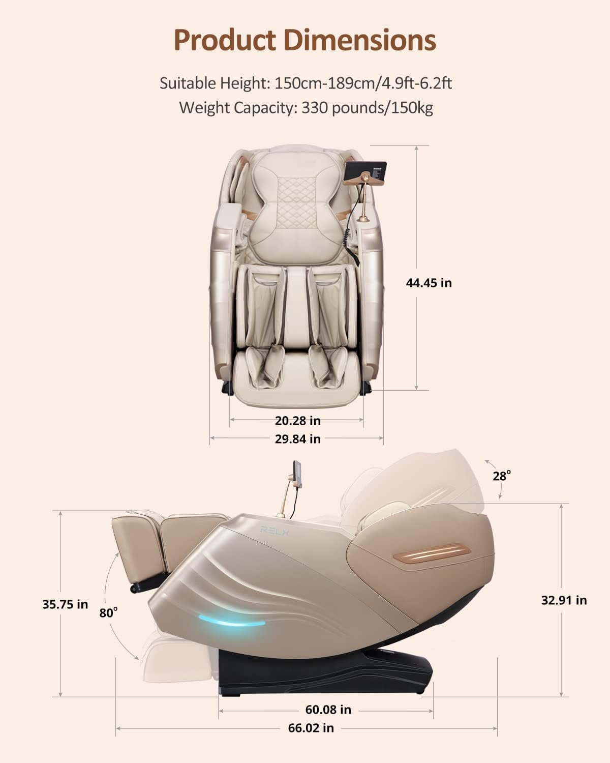 RELX Massage Chair Full Body Zero Gravity SL-Track Shiatsu Massage Chair 12 Modes + 8 Auto Modes（Cream+ Black）