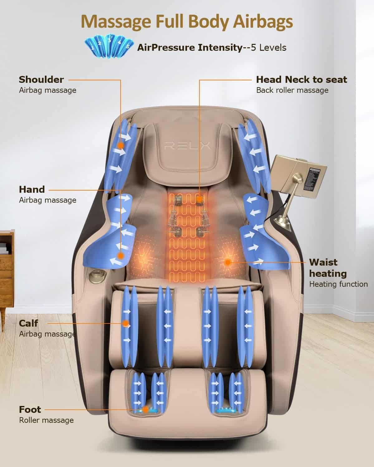 RELX Massage Chair Full Body Zero Gravity SL-Track Shiatsu Massage Chair 12 Modes + 8 Auto Modes（Cream+ Coffee