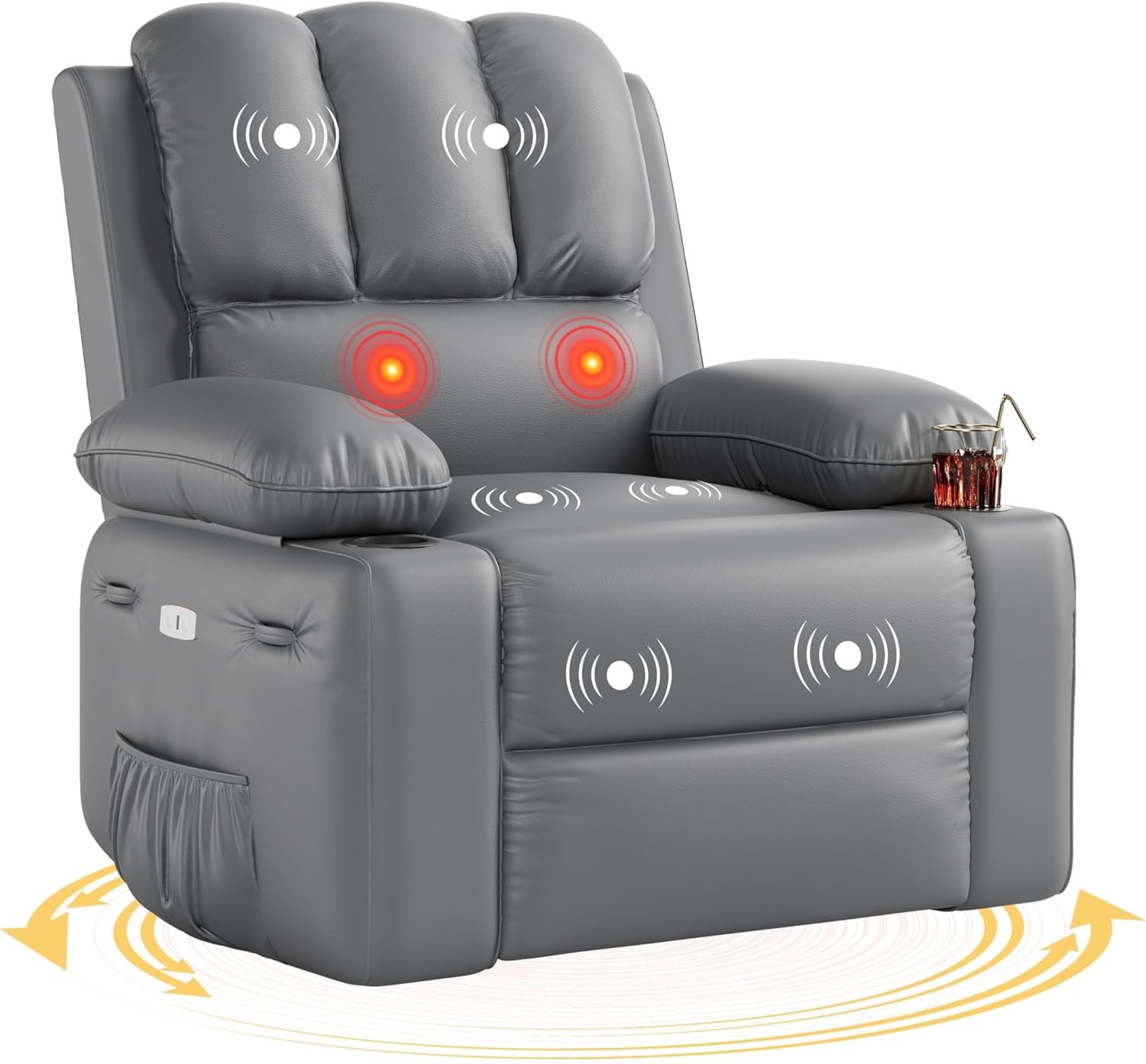 Swivel Electric Massage Chair, Rocking Recliner Chair with Vibration and Heating, Overstuffed Faux Leather Single Lazy Sofa W/USB, Power Glider for Living Room