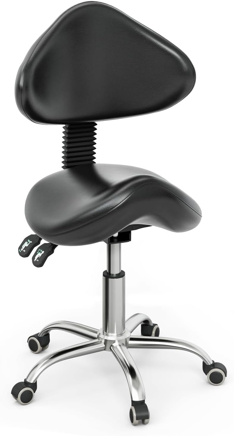 SyyBhb Ergonomic Saddle Stool with Back Support and Wheels, Hydraulic Swivel Adjustable Pedicure Salon Stool Rolling for Nail Tech Dental Clinic Spa Beauty Massage Home Office