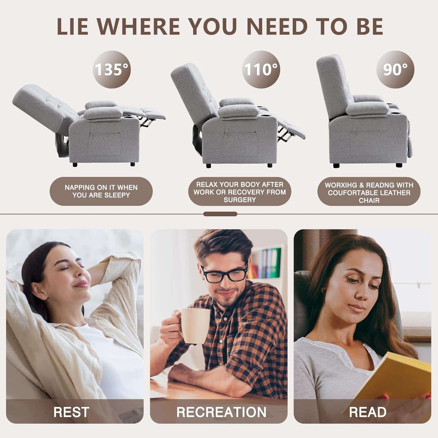 VECELO Recliner Chair, Reclining with Massage and Heat, Oversized Upholstered Fabric Massage Chair, 35 Rocking Electric for Living Room, Bedroom, Grey
