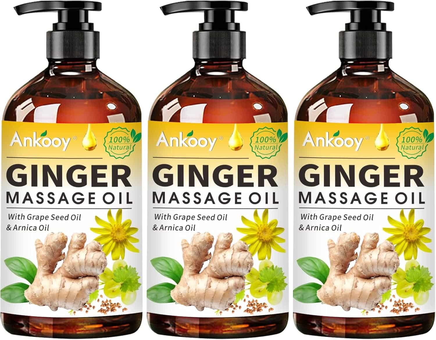 3 Pack Ginger Massage Oil with Arnica Oil,Vitamin E Oil and Grape Seed Oil,Ginger Oil for Lymphatic Drainage,100% Natural Ginger Essential Oil for Warming and Relaxing