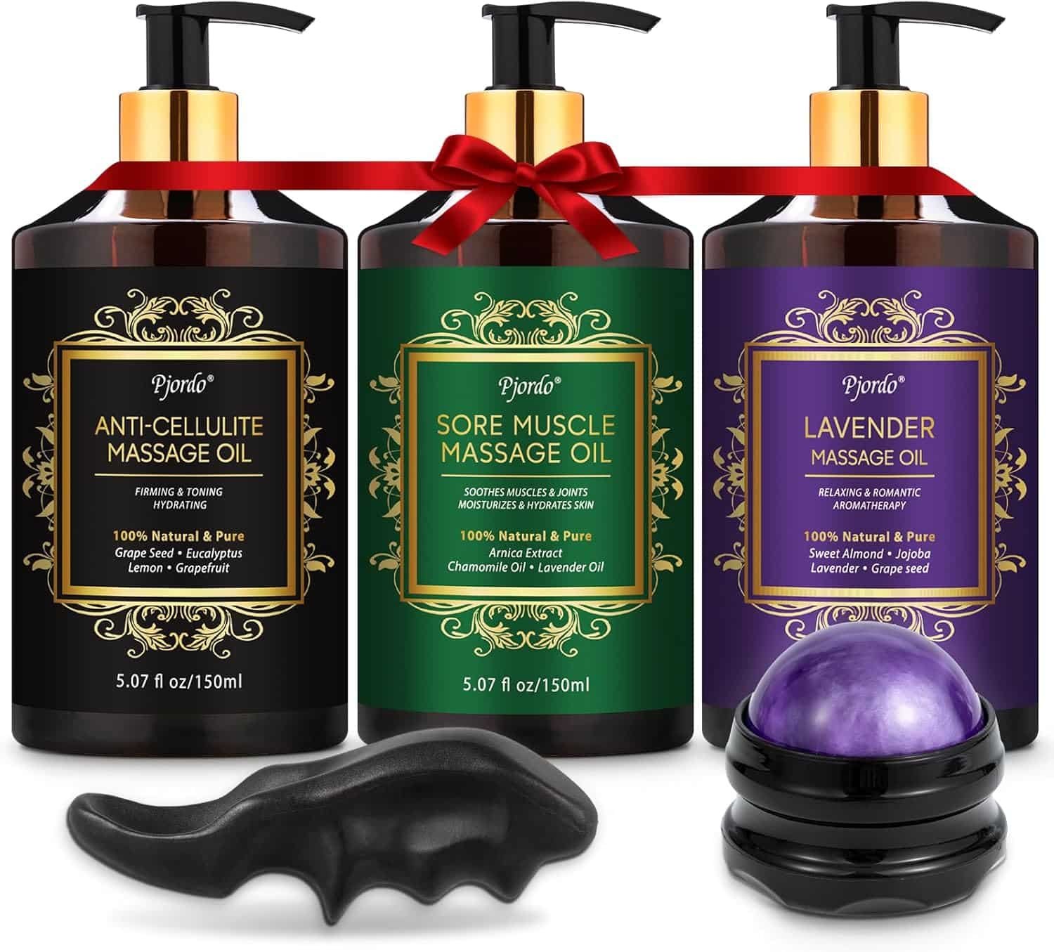 3 Pack Massage Oil for Massage Therapy, Lavender Oil for Relaxation, Sore Muscle Arnica Oil  Cellulite Massage Oil, with Massage Roller Ball  Thumb Saver Massage Tool, Massage Kit for Him Her