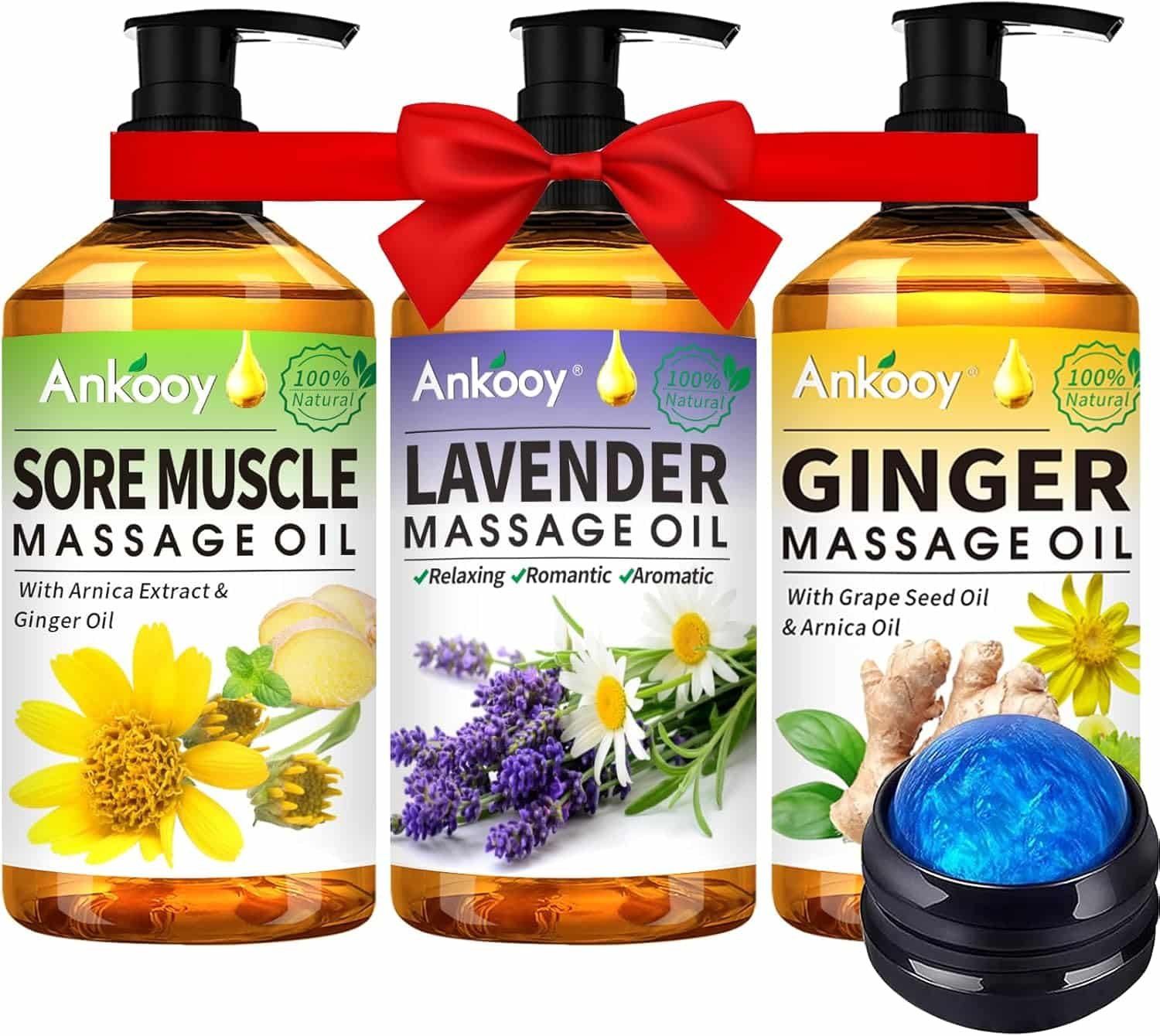3 Pack Massage Oil for Massage Therapy,Sore Muscle Massage Arnica Oil  Relaxing Lavender Oil  Ginger Oil Lymphatic Drainage  Massage Ball,Massage Kit Spa Gifts for Him Her,Gifts for Men Women