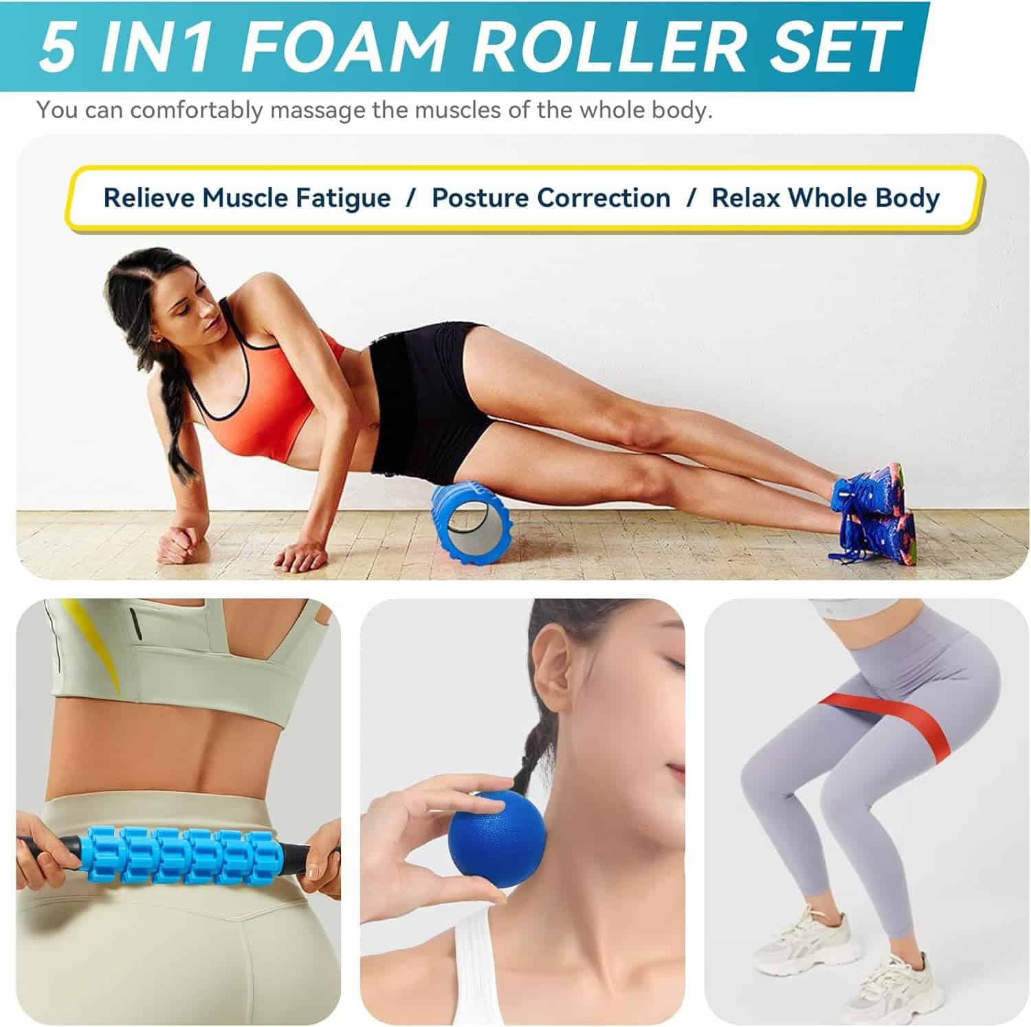 5 in 1 Foam Roller Set for Deep Tissue Muscle Massage, Trigger Point Fitness Exercise Foam Roller, Massage Roller, Massage Ball, Stretching Strap, for Whole Body (Orange Black)