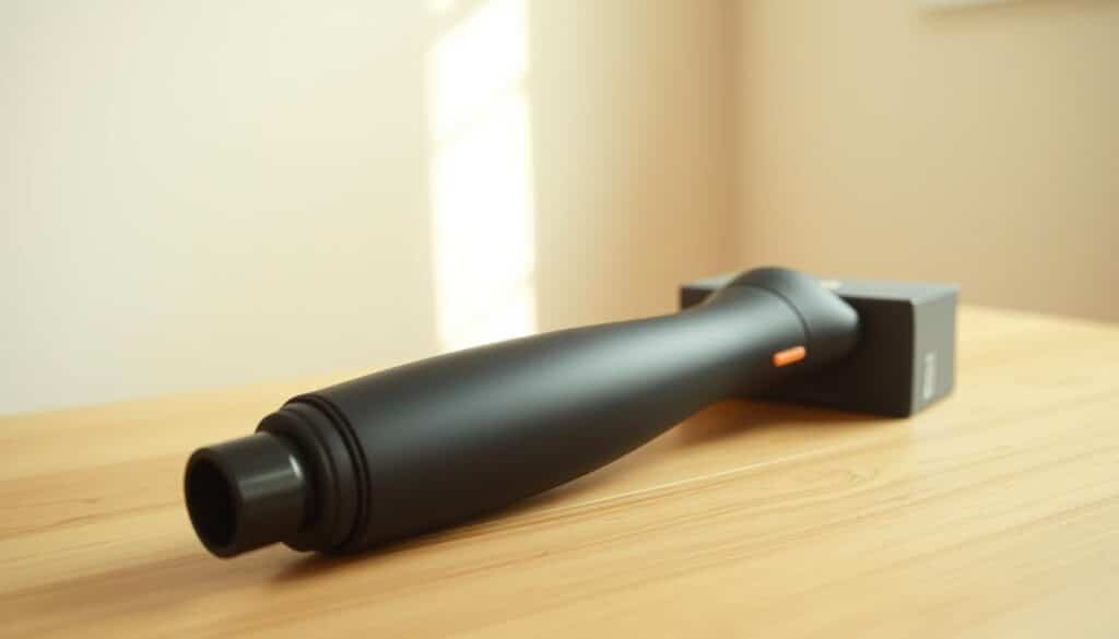 A budget massage gun lies on a simple wooden table, its sleek black body and minimal packaging hinting at its functional, no-frills design. The camera angle captures the gun at a slight upward tilt, emphasizing its compact, ergonomic shape. Soft, natural lighting from an unseen window casts a warm glow, accentuating the matte finish and subtle textures. In the background, a plain, off-white wall provides a clean, uncluttered backdrop, allowing the massage gun to take center stage. The overall scene conveys a sense of simplicity, practicality, and a focus on the core features of the product, setting the stage for an unboxing experience that prioritizes function over frills.