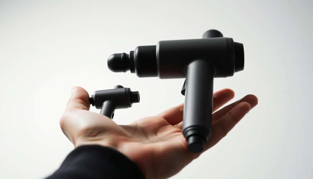 A close-up comparison of a mini and a full-size massage gun, displayed side-by-side on a clean, white background. The mini gun is held in an outstretched hand, showcasing its compact size, while the full-size model rests next to it, allowing for a clear size contrast. Soft, directional lighting from the top-left casts subtle shadows, emphasizing the three-dimensional forms of the guns. The scene is captured with a shallow depth of field, keeping the massage guns in sharp focus while the background is subtly blurred, directing the viewer's attention to the products. The overall tone is clean, crisp, and professional, reflecting the technical nature of the comparison.