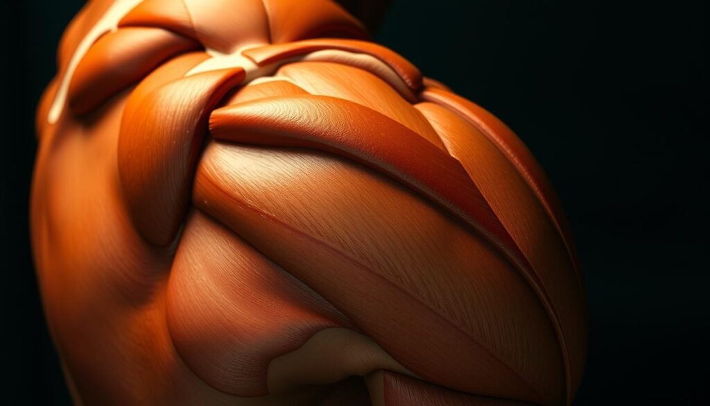 A close-up, detailed view of a person's arm and shoulder area, showcasing the various muscle groups and their intricate connections. The muscles are highlighted with a soft, warm lighting, creating a sense of depth and dimensionality. The skin has a slightly translucent, anatomical quality, allowing the underlying muscle fibers and tendons to be visible. The image is shot from a slightly elevated angle, creating a sense of power and precision. The background is blurred, maintaining the focus on the targeted muscle groups. The overall mood is one of scientific curiosity and a deep understanding of the human body's intricate workings.