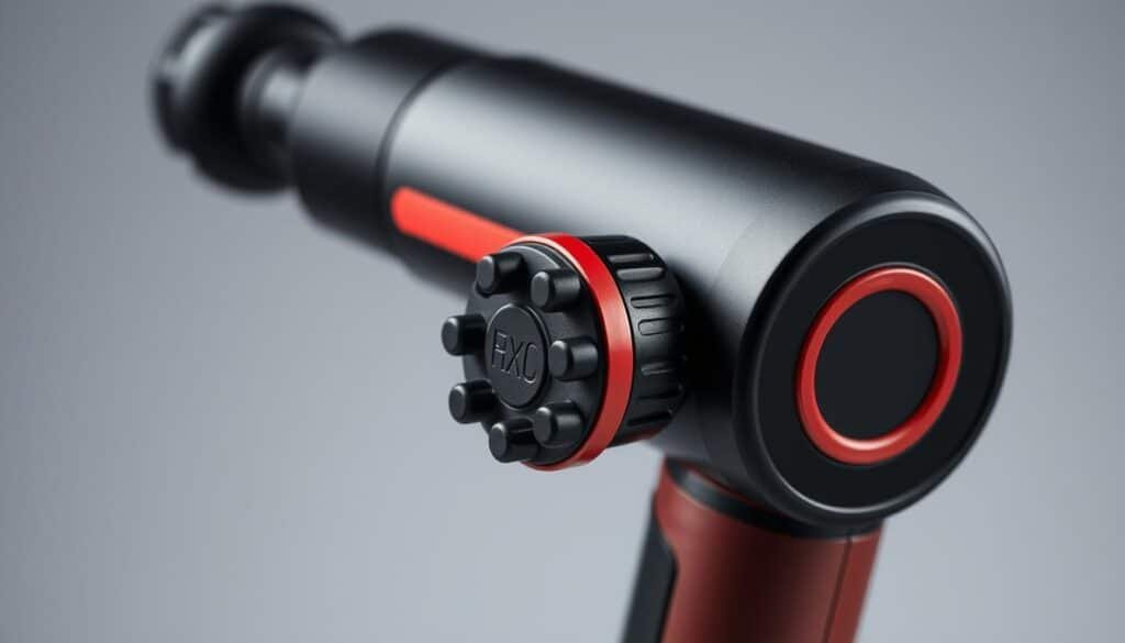 A close-up, highly detailed image of a modern, ergonomic massage gun designed for treating plantar fasciitis. The gun is prominently featured in the center of the frame, with a sleek, black body and vibrant red accents. The percussion head is visible, showcasing the various massage attachment heads that provide targeted relief for the heel and arch of the foot. The lighting is soft and diffused, accentuating the gun's contours and creating a professional, clinical atmosphere. The background is a clean, neutral gray, allowing the massage gun to be the focal point of the image.