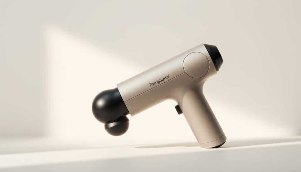 A close-up photograph of a sleek, compact massage gun in a muted, soothing color palette. The device is set against a plain, minimalist background, allowing it to be the central focus. Soft, diffused lighting from the side creates gentle shadows that accentuate the contours and design elements of the mini massager. The image conveys a sense of premium quality, modern aesthetics, and the portable, travel-friendly nature of the "TheraGun Mini" device. The overall mood is one of refinement, relaxation, and subtle sophistication.