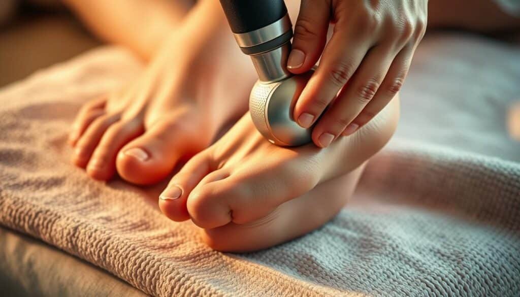 A close-up shot of a person's feet being massaged with a massage gun. The feet are placed on a soft, textured surface, perhaps a towel or a massage mat. The massage gun is being held by a hand, applying firm pressure to the soles and heels of the feet. The lighting is warm and natural, creating a soothing, spa-like atmosphere. The focus is on the technique, with the massage gun's movements and the recipient's relaxed expression conveying the effectiveness of the massage. The composition emphasizes the feet and the massage gun, with the background blurred to keep the attention on the treatment.