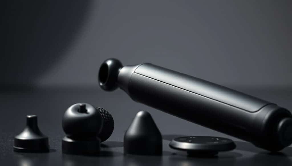 A close-up shot of an ergonomic massage gun handle with multiple interchangeable attachments. The handle has a sleek, modern design with a soft-touch rubberized grip for comfort and control. Various massage heads, including a rounded dome, pointed tip, and flat disc, are displayed alongside the handle, showcasing the versatility of the FitRX Pro massage gun. The attachments are rendered in high detail, highlighting their textured surfaces and subtle sheen. The image is lit from the side, casting dramatic shadows that accentuate the contours and curves of the handle and attachments. The background is blurred, placing the focus entirely on the key features of this soothing muscle therapy tool.