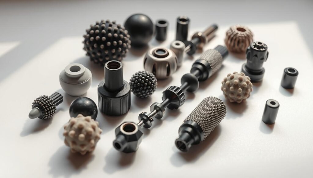 A close-up shot of various percussive therapy attachments neatly arranged on a clean, white surface. The attachments are depicted in a range of shapes, sizes, and textures, including spherical, cylindrical, and nodular designs. The lighting is soft and even, casting subtle shadows that accentuate the detailed contours of each attachment. The composition is balanced and minimalist, allowing the viewer to focus on the unique features and potential therapeutic applications of these massage gun accessories.