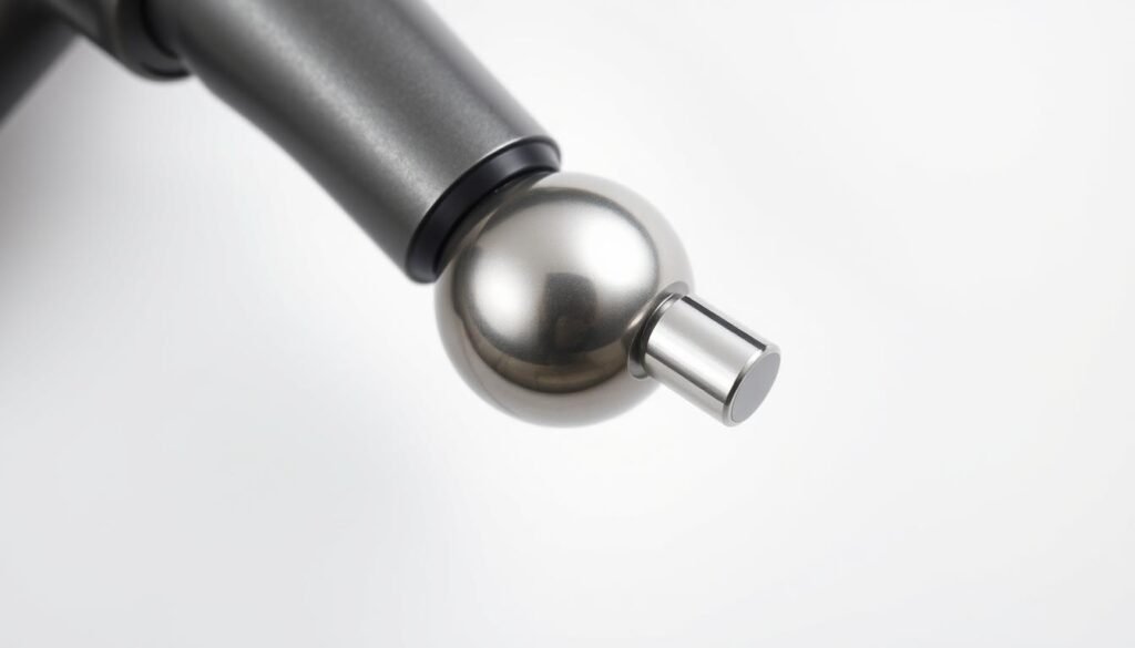 A close-up view of a massage gun attachment in the form of a small, spherical ball. The ball is made of a smooth, glossy material, possibly metal or high-quality plastic, with a silver or chrome finish that reflects the light elegantly. The ball is attached to the massage gun with a sturdy, precision-engineered joint that allows for a wide range of motion and angle adjustments, enabling targeted and controlled pressure application. The lighting is soft and diffused, creating subtle shadows that accentuate the curves and contours of the ball, conveying a sense of quality, sophistication, and clinical effectiveness. The background is clean and minimalist, allowing the ball attachment to be the sole focus of the image, showcasing its versatility and precision for targeted massage therapy.