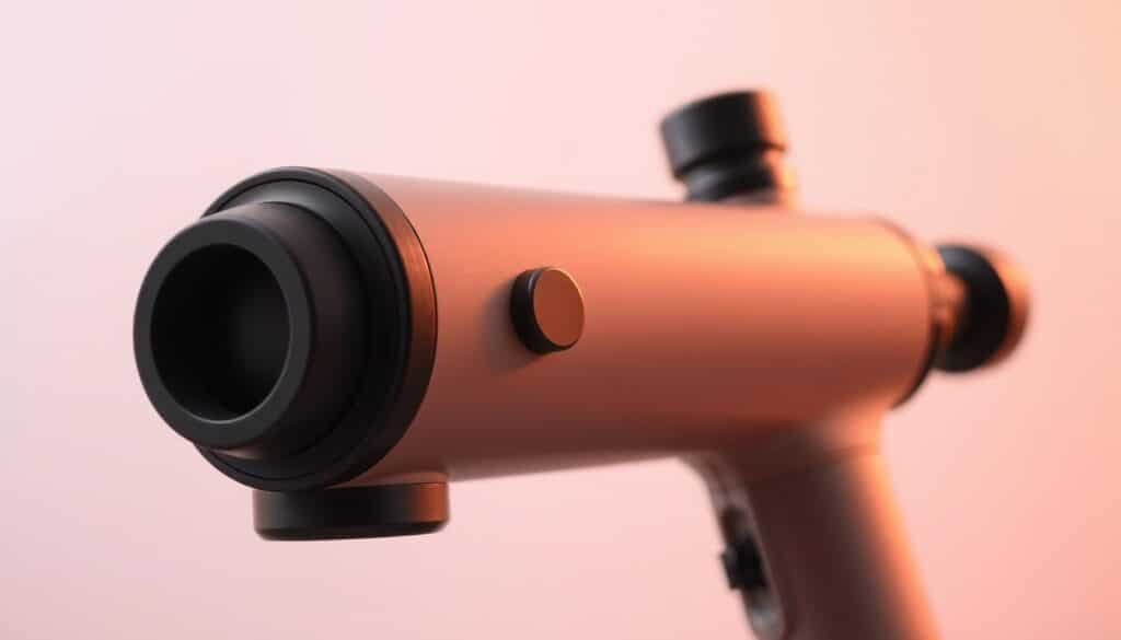 A close-up view of a modern massage gun, its sleek design and various attachments prominently featured. The device is positioned against a soft, diffused background, allowing the key features to stand out. The lighting is warm and flattering, highlighting the textured grip, intuitive control buttons, and powerful motor housing. The angle showcases the massage gun's ergonomic shape and ergonomic handle, emphasizing its ease of use and comfort during extended massage sessions. The image conveys the high-quality craftsmanship and advanced technological capabilities of the Infinity Massage Gun.