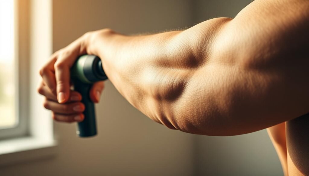 A close-up view of a muscular arm in a relaxed pose, with a compact massage gun device gently pressed against the skin. The foreground showcases the contours of the toned bicep and the compact, ergonomic design of the massage gun, highlighting its portability and ease of use. The middle ground features a soft, blurred background, creating a sense of focus on the main subject. The lighting is warm and diffused, casting subtle shadows that accentuate the muscle definition. The overall mood is one of calm and relief, conveying the key benefits of using a compact massage gun for muscle recovery and relaxation.