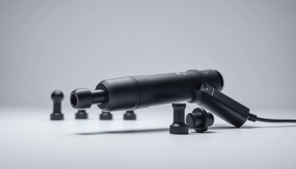 A close-up view of a percussion therapy massage gun, showcasing its key features in a well-lit, studio-style setting. The gun is positioned prominently in the foreground, with a sleek, modern design highlighted by clean lines and a matte finish. The attachment heads are visible, demonstrating the different massage techniques available. The middle ground features a minimalist background, allowing the massage gun to be the focal point. Subtle highlights and shadows create depth and dimension, giving the image a professional, high-quality appearance. The overall mood is one of precision, efficiency, and the therapeutic benefits of percussion massage therapy.