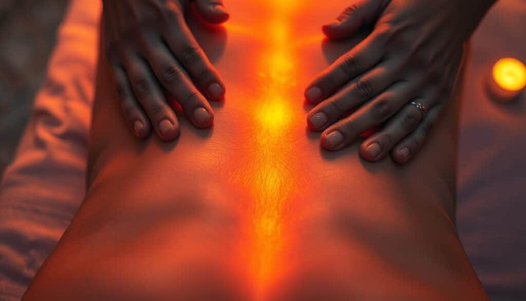 A close-up view of a person's lower back, illuminated by a warm, amber-hued light. The skin is glistening with a layer of therapeutic heat, as a massage therapist's hands knead and manipulate the deep tissues, promoting circulation and relieving tension. The scene exudes a sense of relaxation and restorative healing, with a soft, diffused focus that draws the viewer's attention to the therapeutic process. The angle is slightly elevated, providing a perspective that immerses the viewer in the experience. The background is blurred, keeping the focus on the central therapeutic action.