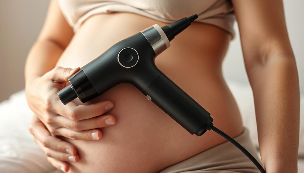 A close-up view of a pregnant woman's abdomen, with a massage gun gently pressed against her skin. The image is captured in soft, warm lighting, showcasing the soothing, therapeutic nature of the massage. The massage gun's attachments are visible, hinting at the targeted approach to muscle relief. The woman's expression conveys a sense of relaxation and comfort, highlighting the benefits of this pregnancy-safe therapy. The background is blurred, keeping the focus on the central subject and emphasizing the intimate, personal experience.
