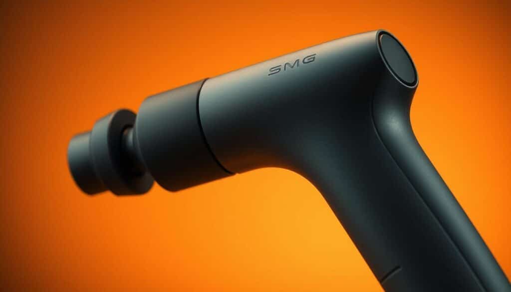 A close-up view of an ergonomic massage gun handle, showcasing its contoured design for optimal grip and comfort. The handle is constructed with a soft, rubberized material that conforms to the natural curves of the hand, reducing strain and fatigue during prolonged use. Subtle textural elements on the surface provide additional traction and control. The handle is positioned in a slightly angled orientation, promoting a natural wrist position and improved maneuverability. Warm, diffused lighting accentuates the sleek, modern aesthetics of the design, creating a sense of precision and thoughtfulness in its engineering.