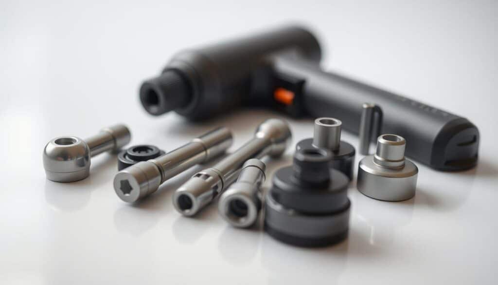 A close-up view of various massage gun attachments laid out on a clean, minimalist surface. The attachments are meticulously detailed, showcasing their unique shapes, textures, and sizes. The lighting is soft and diffused, creating a serene, clinical atmosphere that highlights the precision engineering of the tools. The camera angle is slightly elevated, providing a clear, unobstructed view of the different massage heads, including round, flat, and pointed tips. The overall composition is balanced and symmetrical, allowing the viewer to fully appreciate the features and benefits of the Costco massage gun accessories.