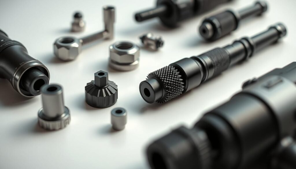 A close-up view of various percussive therapy attachments for a Hypervolt massage gun, arranged neatly on a clean, white surface. The attachments are depicted in intricate detail, showcasing their unique shapes, textures, and materials. The lighting is soft and diffused, creating a subtle, professional atmosphere that highlights the technical features of the accessories. The camera angle is slightly elevated, providing a clear, unobstructed view of the products. The overall composition conveys a sense of precision, functionality, and the high-quality craftsmanship of the Hypervolt massage gun attachments.