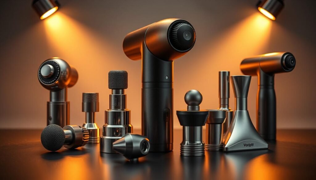 A collection of advanced and alternative massage gun attachments, meticulously crafted with precision engineering. Sleek, metallic attachments in various shapes and sizes, including spherical, cylindrical, and triangular heads, designed to target deep tissue and relieve muscle tension. Strategically positioned LED lights emit a warm, focused glow, illuminating the attachments and casting dynamic shadows. The attachments are displayed against a muted, industrial background, emphasizing their technical sophistication and versatility for the discerning massage enthusiast.
