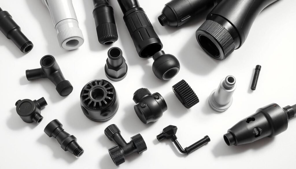 A collection of various massage gun attachments, each with a distinct shape and size, positioned on a clean white surface. The attachments are captured with precise lighting, creating defined shadows and highlights that accentuate their unique textures and contours. The image has a clinical, professional feel, emphasizing the functional nature of the massage tools. The layout is organized and visually appealing, allowing the viewer to closely examine the diverse range of massage gun heads.